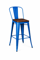 BLUE tolix barstool with wood seat high backrest. MAD CHAIR COMPANY