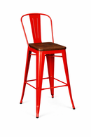 red tolix kitchen stool with wood seat high backrest. MAD CHAIR COMPANY