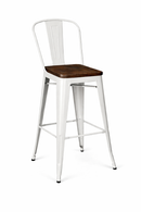white tolix kitchen stool with wood seat high backrest. MAD CHAIR COMPANY
