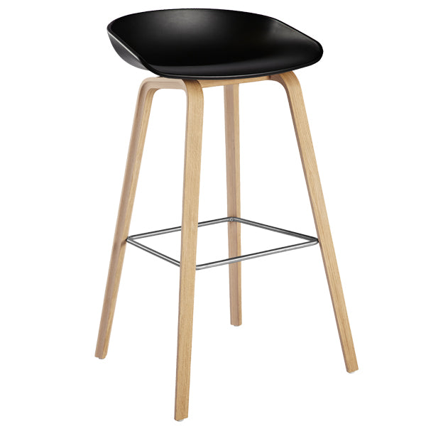 replica hay bar stool wood leg metal foot rest black plastic seat 76cm mad chair company 