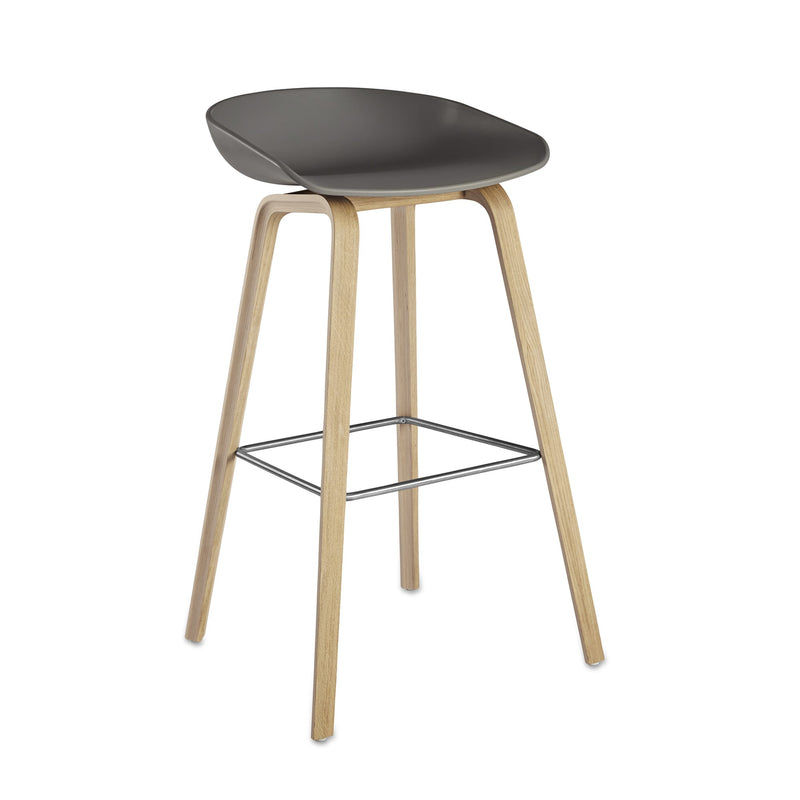 replica hay bar stool wood leg metal foot rest  black plastic seat 76cm mad chair company 